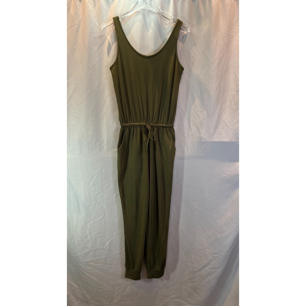 Reoria Sleeveless Jumpsuit Womens Small Olive Green Drawstring Waist Tapered Leg